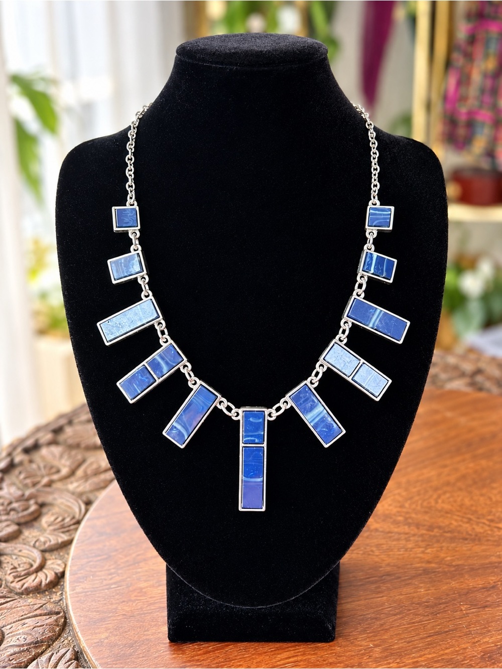 Blue Geometric Statement Necklace Silver Tone Modernist Art Deco Style